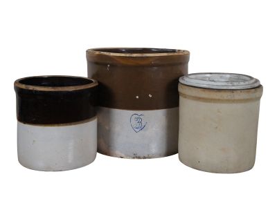 Set of 3 Primitive Antique Salt Glaze American Stoneware Crocks & Lids