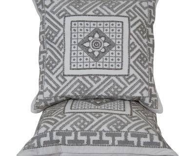 Vintage Arhaus Modern Down Filled Geometric Embroidered Silver Beaded Throw Pillows- Set of 2