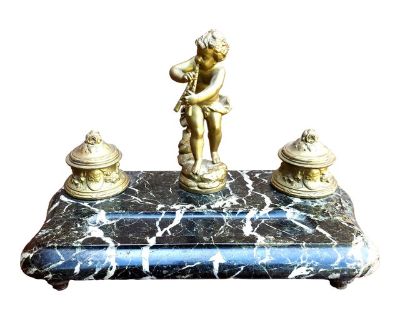 Louis XV Style Gilt Bronze Mounted Black Marble Standish Double Inkwell