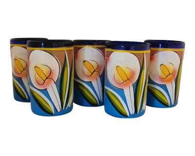 Vintage Mexican Hand-Crafted, Hand Painted Calla Lily Glasses- Set of 5