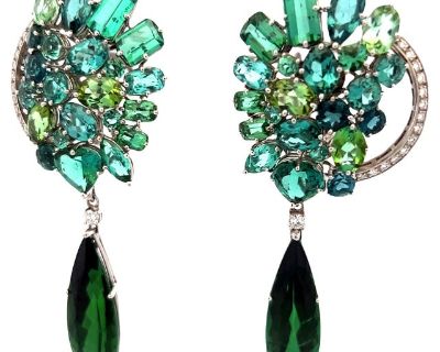 Italian 18K White Gold Earrings, 40ct Tourmaline & 1ct Diamond, Convertible