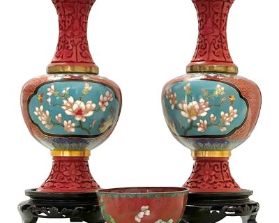 Vintage Cinnabar Cloisonné Enamel Mirrored Vases on Wood Stands With Bowl - 5 Piece Set
