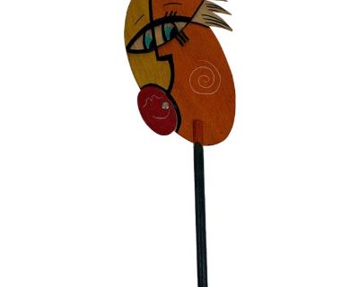 Vintage Whimsical Painted Wood Art Face Sculpture/Mask on a Stick