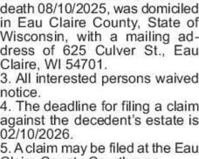 LEGAL NOTICE STATE OF WISCONSIN,