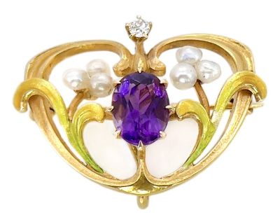 1910s Art Nouveau Amethyst, Pearl & Enamel Brooch, Watch Pin, 14k