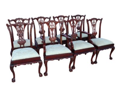 1990s Chippendale Mahogany Hickory Dining Chairs - Set of 8
