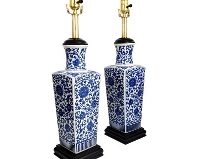Restored Vintage 1960s Japanese Blue and White Porcelain Ceramic Table Lamps - a Pair - Signed Japan