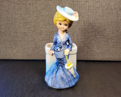 C44 Vintage Relpo 6447 Victorian Blonde HeadLady Blue Dress Parasol Vase Planter