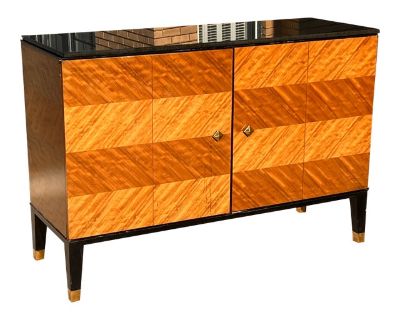 1970s Baker Mastercraft Mid-Century Modern Credenza With Black Stone Top & Brass Accents
