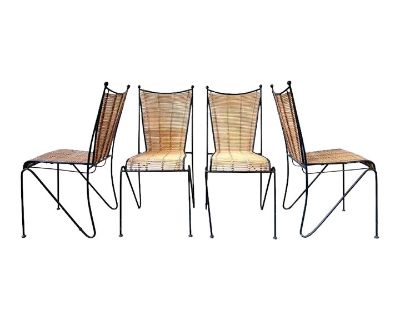 1950s Pipsan Saarinen Swanson Chairs, Wrought Iron + Rattan, Organic Modern Set of 4