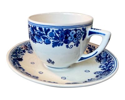 1940s Royal Delft Original Blue Tea Cup and Saucer Set- 2 Pieces