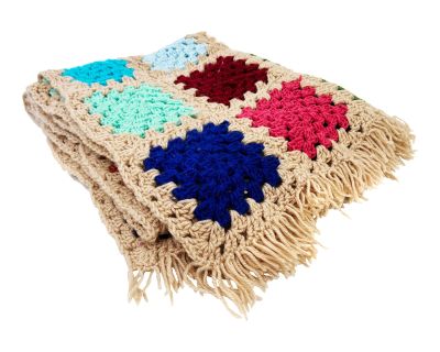 Retro Hand Made Traditional Taupe & Colorful Granny Square Afghan Blanket