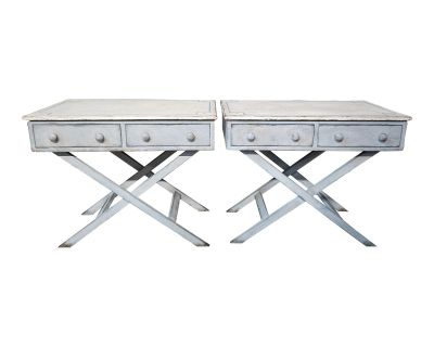 1960s Pair of Gray Painted X-Frame Side Tables With Drawers