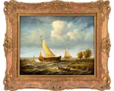 Jean Laurent, Coastal Scene with Figures, Sailboats & Rowboat, 1950s, Oil Painting