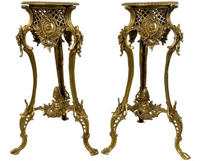 Vintage Gilded Bronze Plant Stands With Inlay C.1940 - a Pair