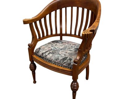 Antique Barrel Back Slatted Wood Arm Chair