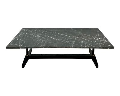 Modern Black Veined Marble Coffee Table With Wood and Iron Base