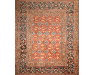 Antique Doroksh Beige Orange and Blue Wool Persian Rug With Herati Fish Pattern