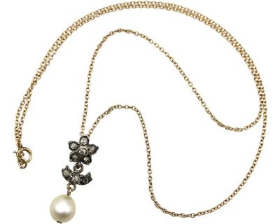 Mid 19th Century Victorian Silver and Diamond Flower Pendant With Pearl on 10k Gold Chain