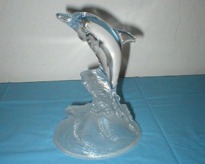 Glass Dolphin Figurine Clear/Frosted Cristal d Arques France - 6 1/4 Tall