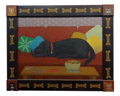 Barbara Chipman Moment -Dog Taking a Nap on the Couch -Naive Oil Painting