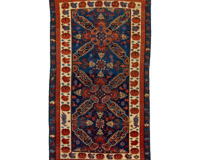 Vintage Caucasian Seychour Handmade Wool Rug in Navy Blue With Tribal Motif