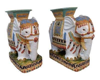 1960s Hollywood Regency Ceramic Elephant Garden Stools/Table - Set of 2