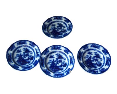 Pelew Pattern by E. Challinor: Antique Ironstone Flow Blue Set of 4 Soup Bowls, 1842-1867