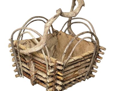 Handmade Woven Twig & Palm Husk Basket Freeform Branch Handle