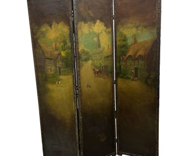 Antique English Leather Cottage Scene Three Panel Screen