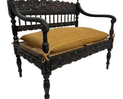 Early 19th Century Antique Anglo Indian Caned Seat Settee in Carved Ebony