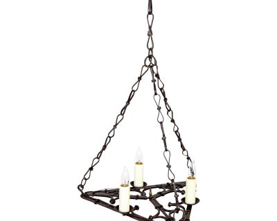 Early 20th Century Flat Triangular Wrought Iron Gothic Revival 3-Light Chandelier