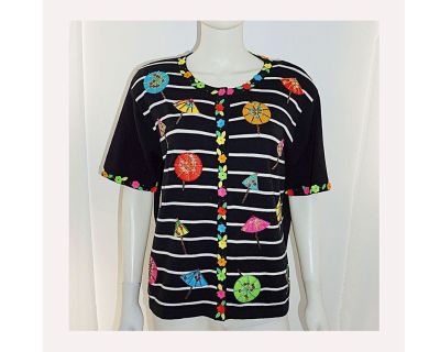 The Collective Work of Berek2 By Takako Sakon Cardigan Short Sleeve Sweater Vintage (c 1995) umbrella and flower theme