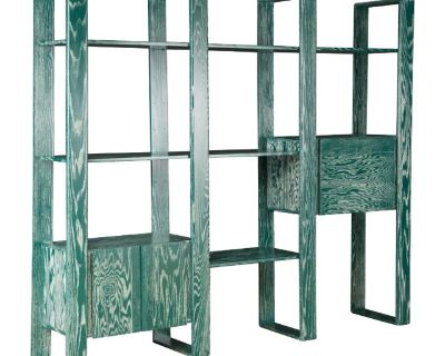 This absolute show-stopper modular bookcase refinished in gorgeous emerald green cerused oak is by Lou Hodges, designed and produced in California in the 1970s and 1980s. You can configure this modular set in so many ways, as one large unit or two smaller ones, shelves are adjustable and can fit in between the bay units to extend the size... also we have additional bay sections and shelves if y...