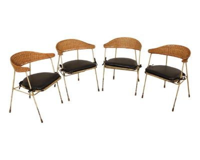 Salterini Mid Century Modern Set of Four Wicker And Iron Side Chairs