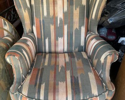 Kindel Upholstered Wing Back Chair with geometric pattern. Could use a general cleaning from being stored. Slight damage to right arm (see pictures). Pickup Details Three Day Pickup (BY APPT ONLY): Fri., November 14th ~ 10:00 a.m. - 6:00 p.m. Sat, November 15th ~ 10:00 a.m. - 6:00 p.m. Sun., November 16th ~ 10:00 a.m. - 6:00 p.m. Preview (BY APPT ONLY): Monday,, November 2nd ~ 10:00 a.m. - 2:00...