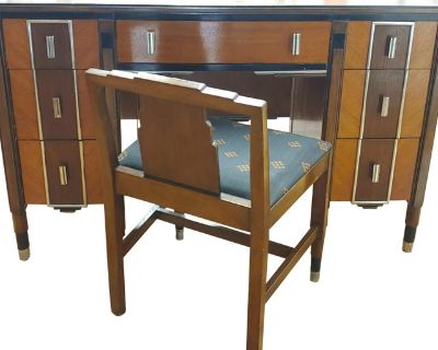 1920s Northern Furniture Co. Art Deco Walnut, Chrome and Ebonized Wood Desk & Chair - Set of 2