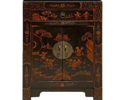 Chinese Distressed Black Copper Scenery Graphic End Table Nightstand