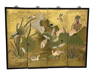 Vintage Asian Four Panels Screen of Lilies + Cranes