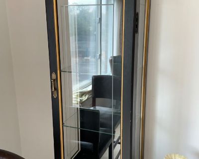 Black counter curio cabinet with glass shelves