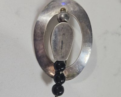 Vintage MODERNIST Sterling Silver ONYX BEAD Pin signed David 89