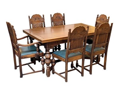Vintage Jacobean Style Extension Table + Six Chairs Dining Set