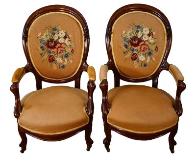 1880s Antique Victorian Eastlake Walnut & Original Needlepoint Pair Arm Chairs