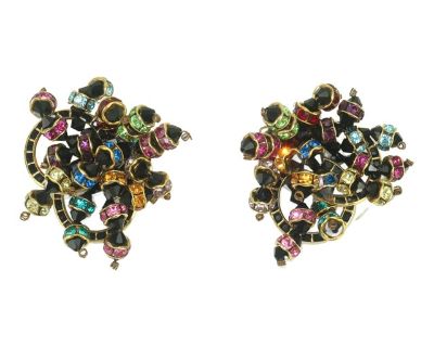 Black Beaded Rhinestone Cluster Earrings, 1980’s