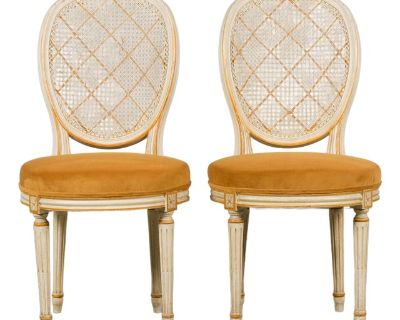 Antique French Louis XVI Painted Cane Back Accent Side Chairs W/ Marigold Velvet - A Pair