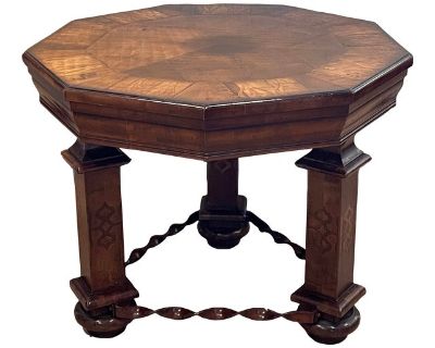 1980s Italian Inlaid Wood Accent Table With Iron Legs