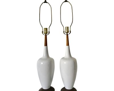 Tall 1960's Danish Modern Style Ceramic & Teak Table Lamps - a Pair