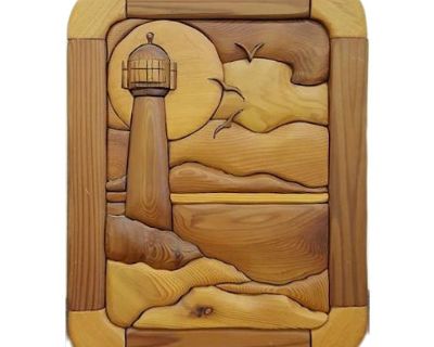 Intarsia Wood Art of Seascape With Lighthouse, Flying Birds and the Setting Sun
