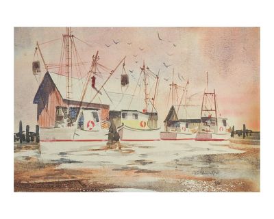 Vintage Fishing and Shrimp Boat Harbor Watercolor Painting
