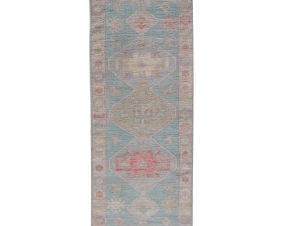 Modern Small Oushak Runner With Teal-Blue Background and Medallion Motif